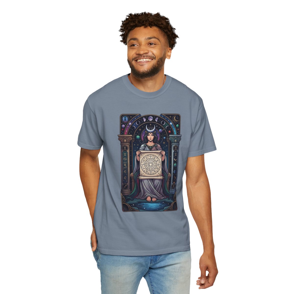 Color: Blue Jean | The Cosmic Tarot (High Priestess) Unisex Garment-Dyed Tee