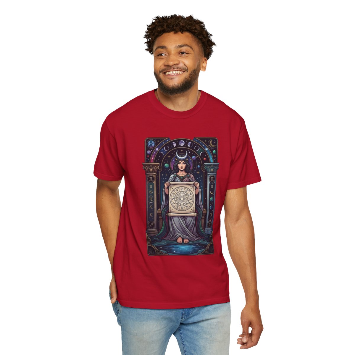 Color: Red | The Cosmic Tarot (High Priestess) Unisex Garment-Dyed Tee
