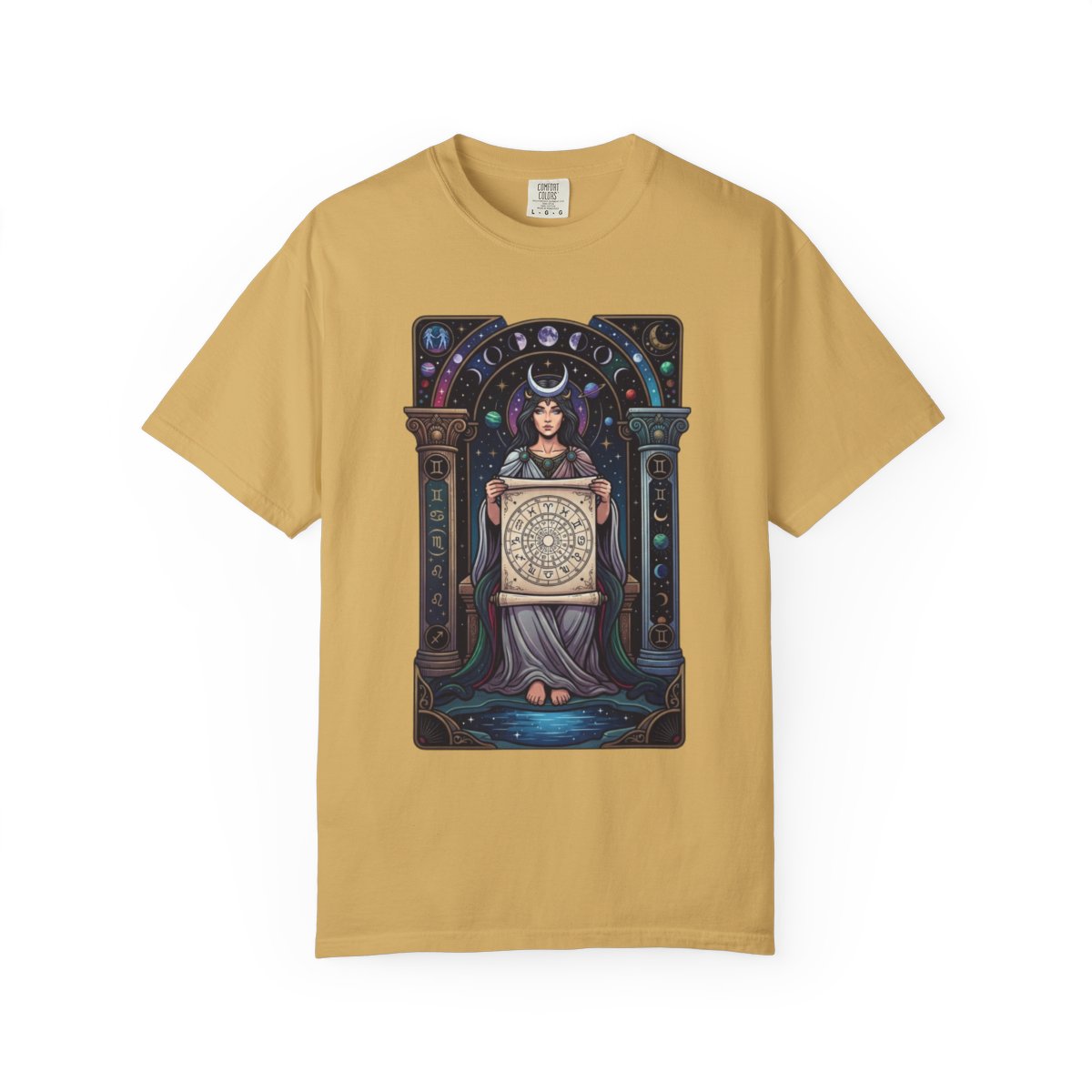 Color: Mustard | The Cosmic Tarot (High Priestess) Unisex Garment-Dyed Tee