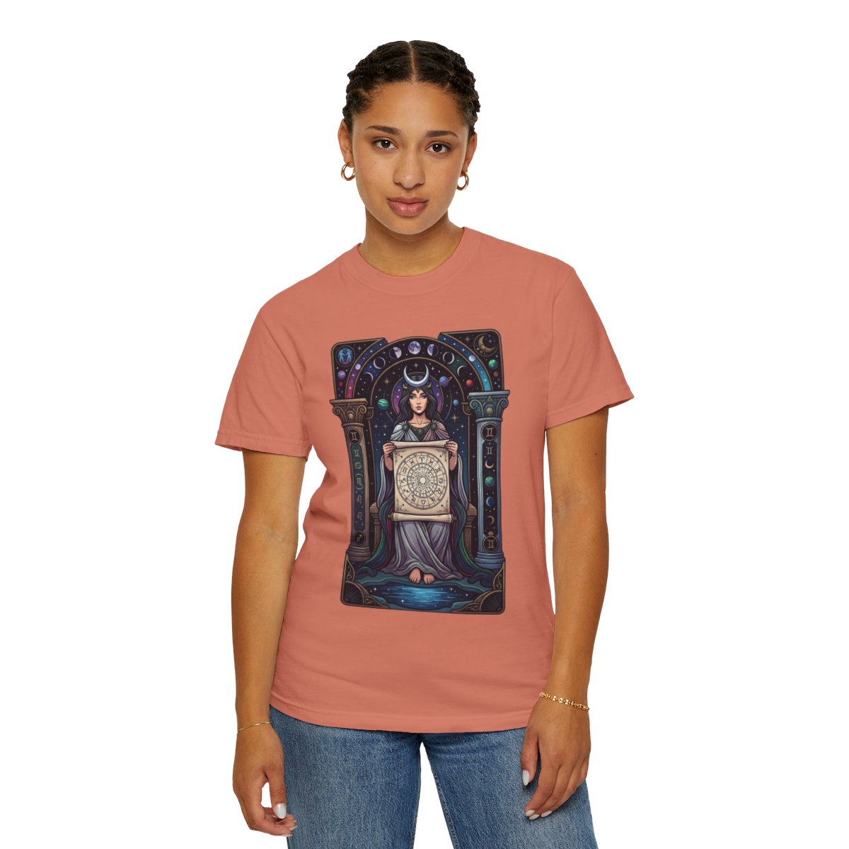 Color: Terracotta | The Cosmic Tarot (High Priestess) Unisex Garment-Dyed Tee