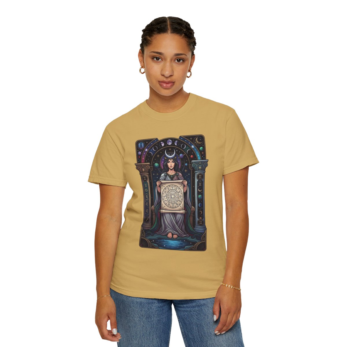 Color: Mustard | The Cosmic Tarot (High Priestess) Unisex Garment-Dyed Tee