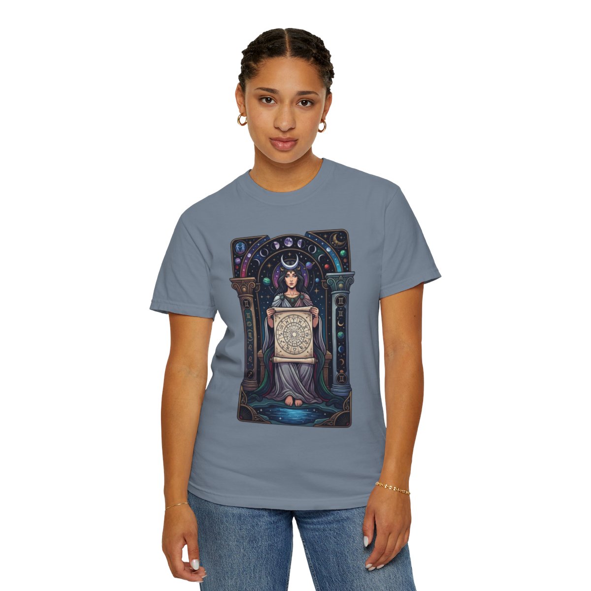 Color: Blue Jean | The Cosmic Tarot (High Priestess) Unisex Garment-Dyed Tee