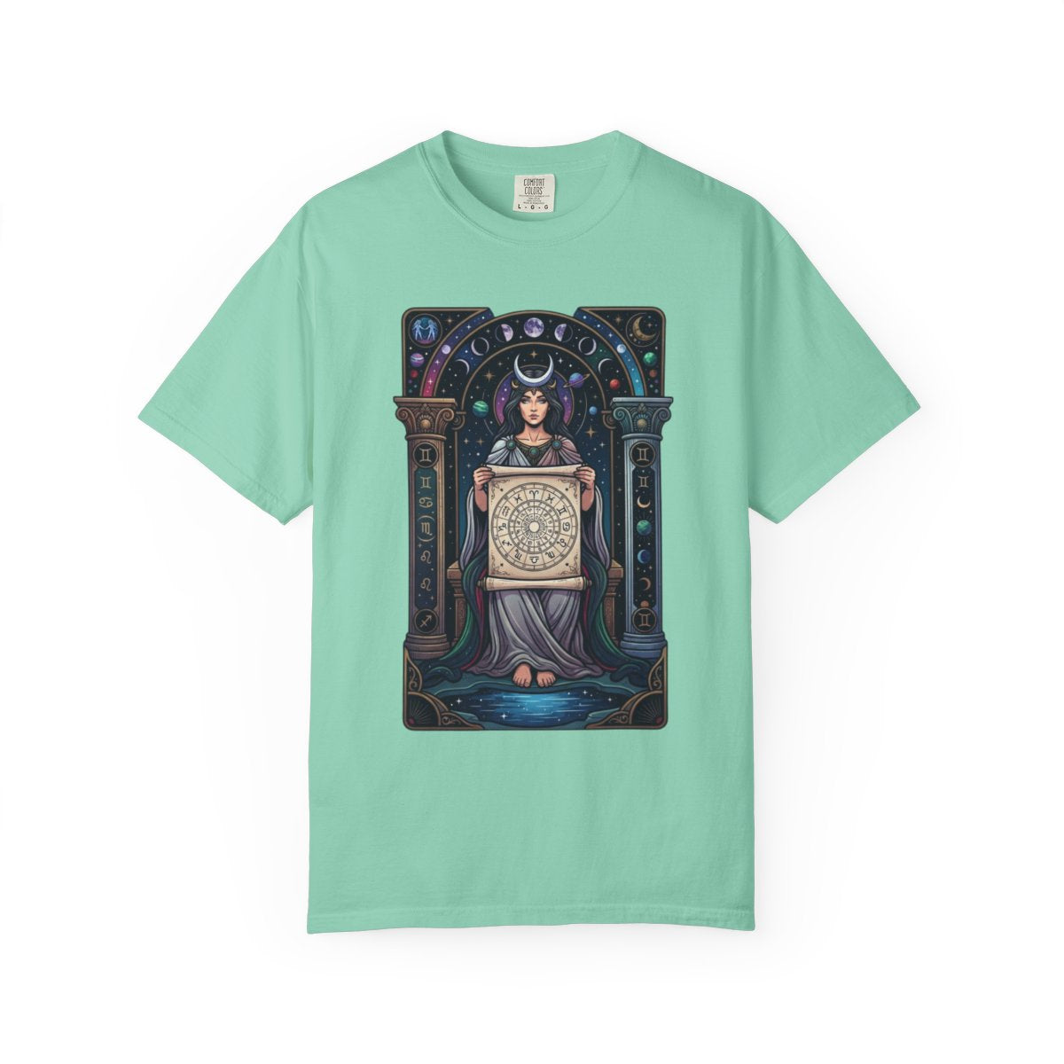 Color: Island Reef | The Cosmic Tarot (High Priestess) Unisex Garment-Dyed Tee