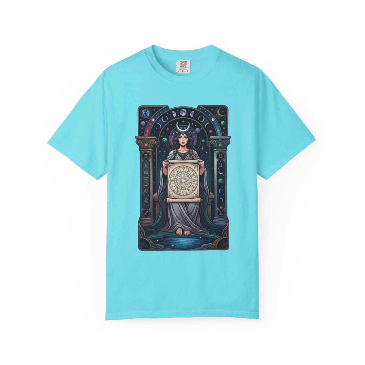 Color: Lagoon Blue | The Cosmic Tarot (High Priestess) Unisex Garment-Dyed Tee
