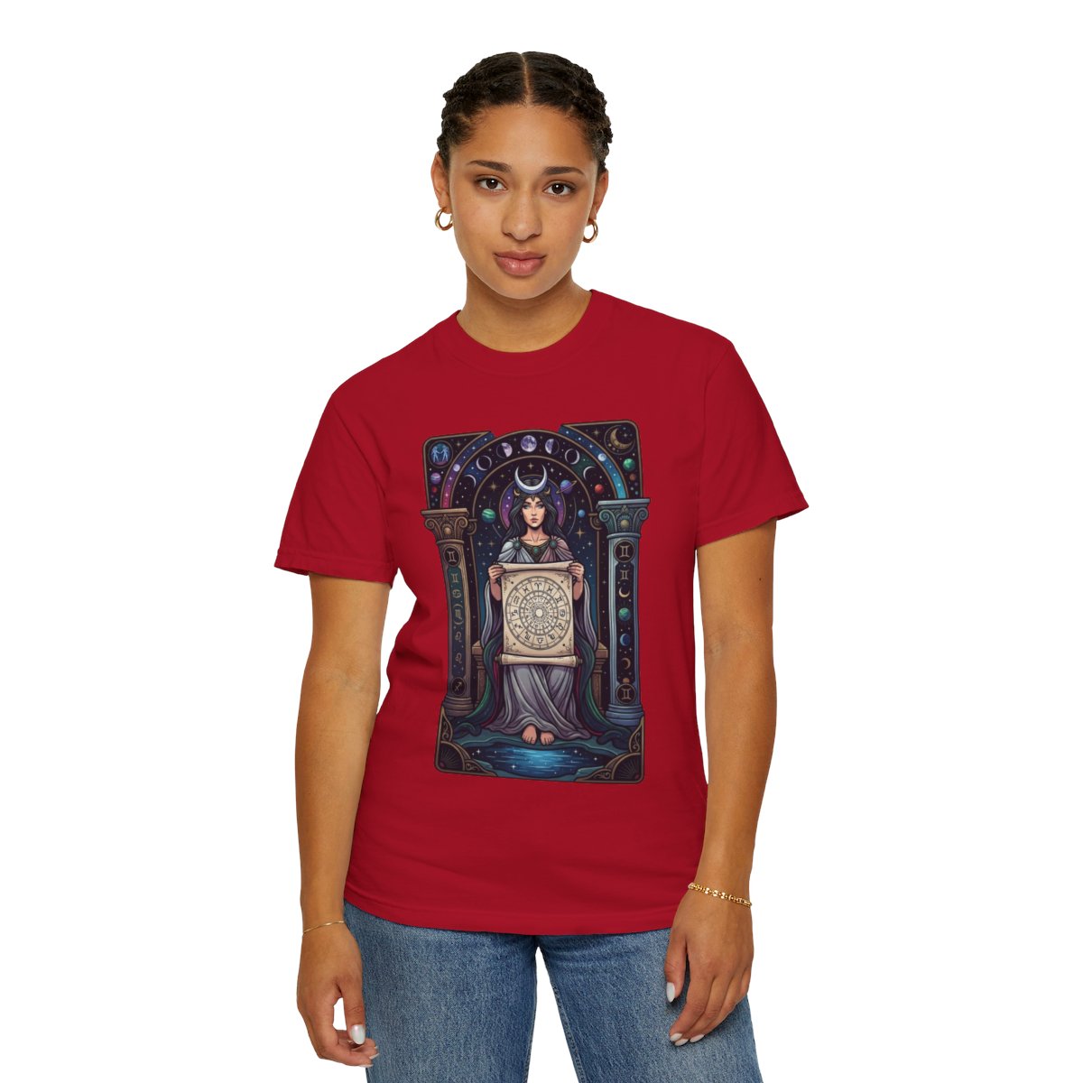 Color: Red | The Cosmic Tarot (High Priestess) Unisex Garment-Dyed Tee