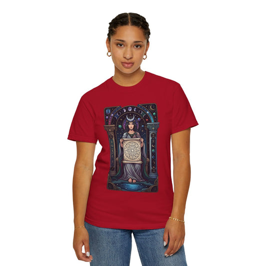 Color: Red | The Cosmic Tarot (High Priestess) Unisex Garment-Dyed Tee