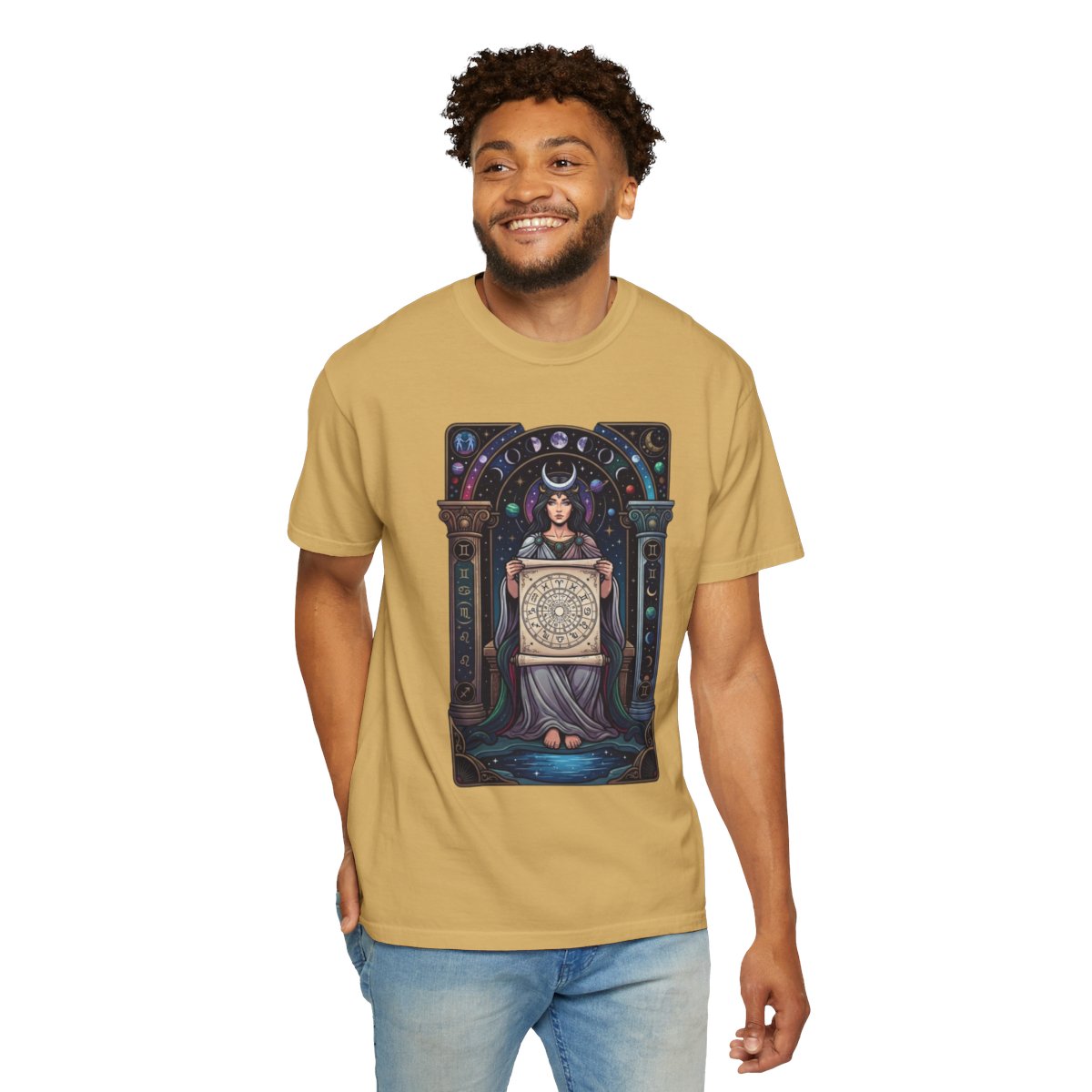 Color: Mustard | The Cosmic Tarot (High Priestess) Unisex Garment-Dyed Tee