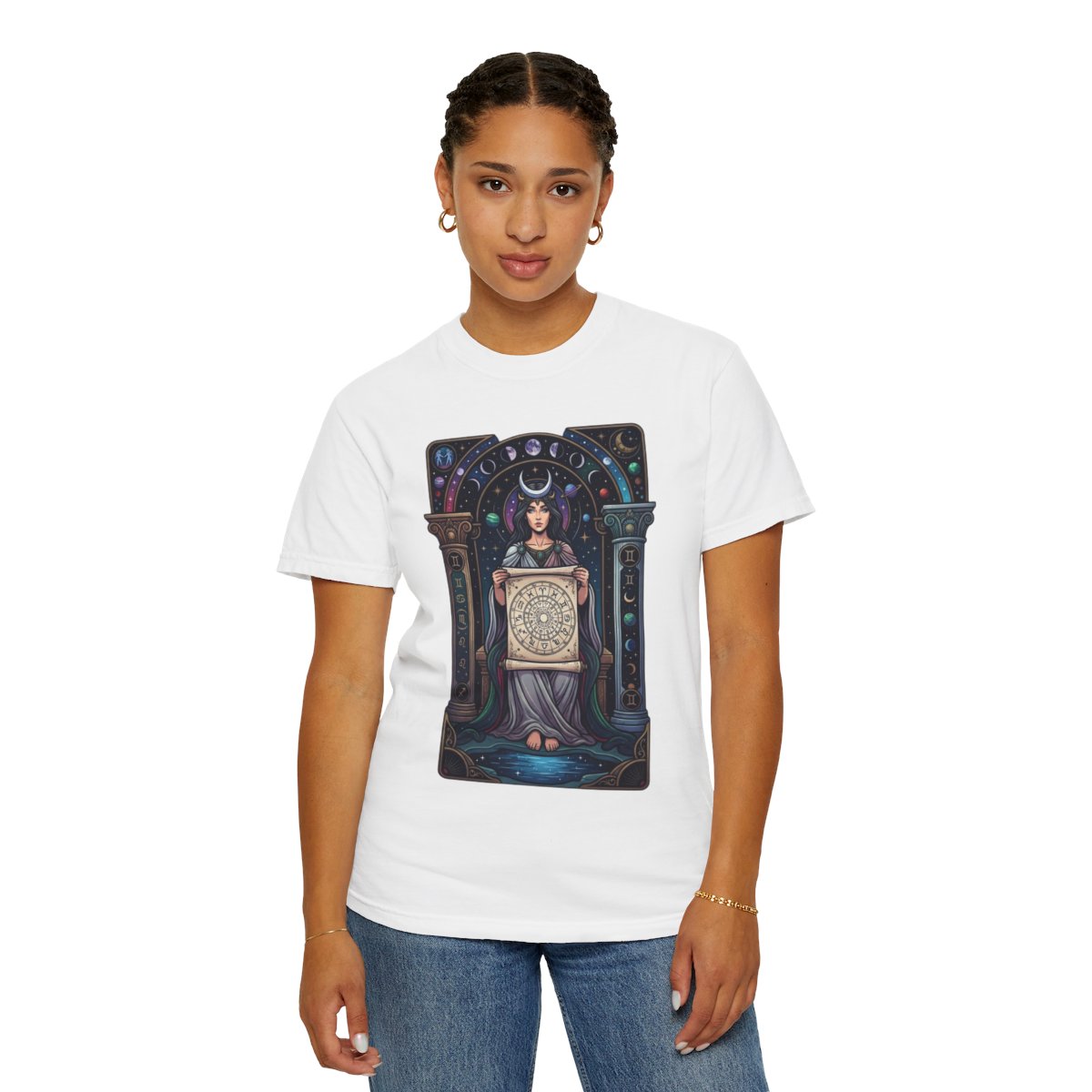 Color: White | The Cosmic Tarot (High Priestess) Unisex Garment-Dyed Tee