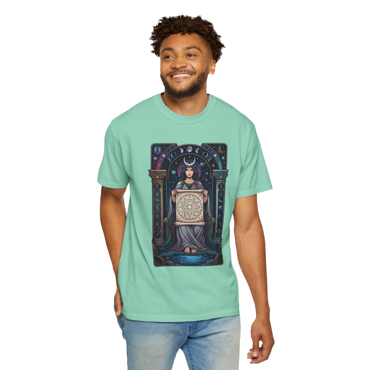 Color: Island Reef | The Cosmic Tarot (High Priestess) Unisex Garment-Dyed Tee