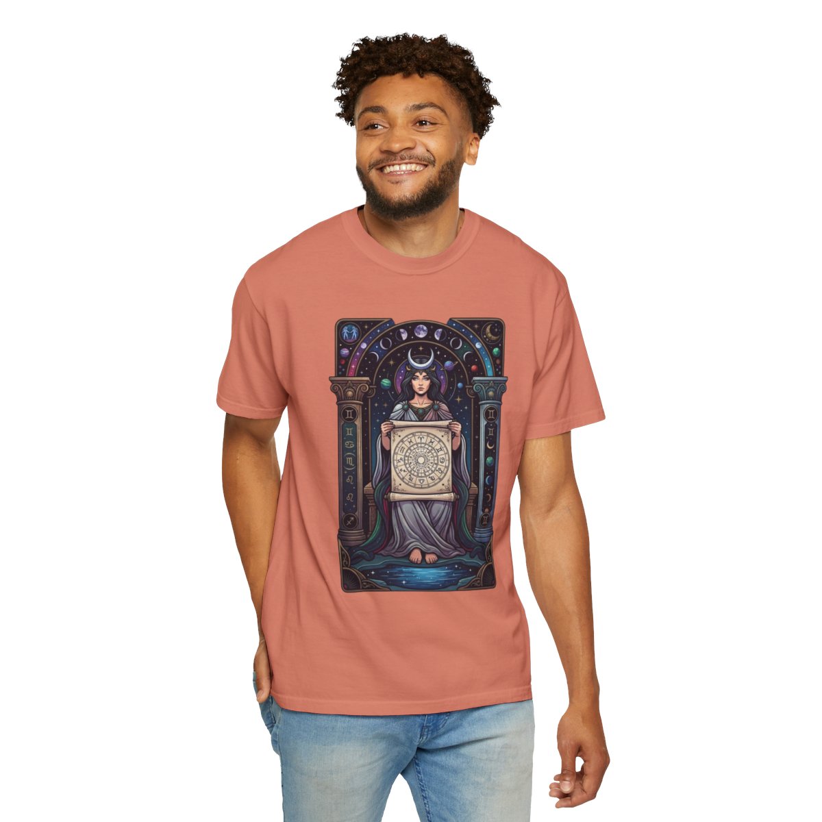 Color: Terracotta | The Cosmic Tarot (High Priestess) Unisex Garment-Dyed Tee