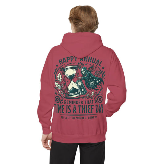 Color: Crimson | Time Is A Thief Day Garment-Dyed Hoodie