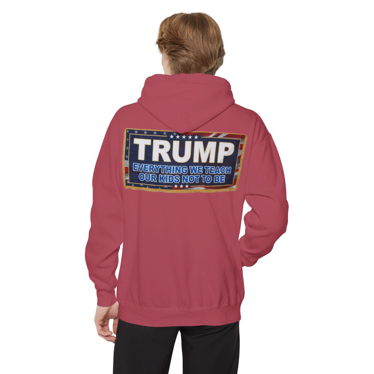Color: Crimson | Trump Teach Our Kids Garment-Dyed Hoodie