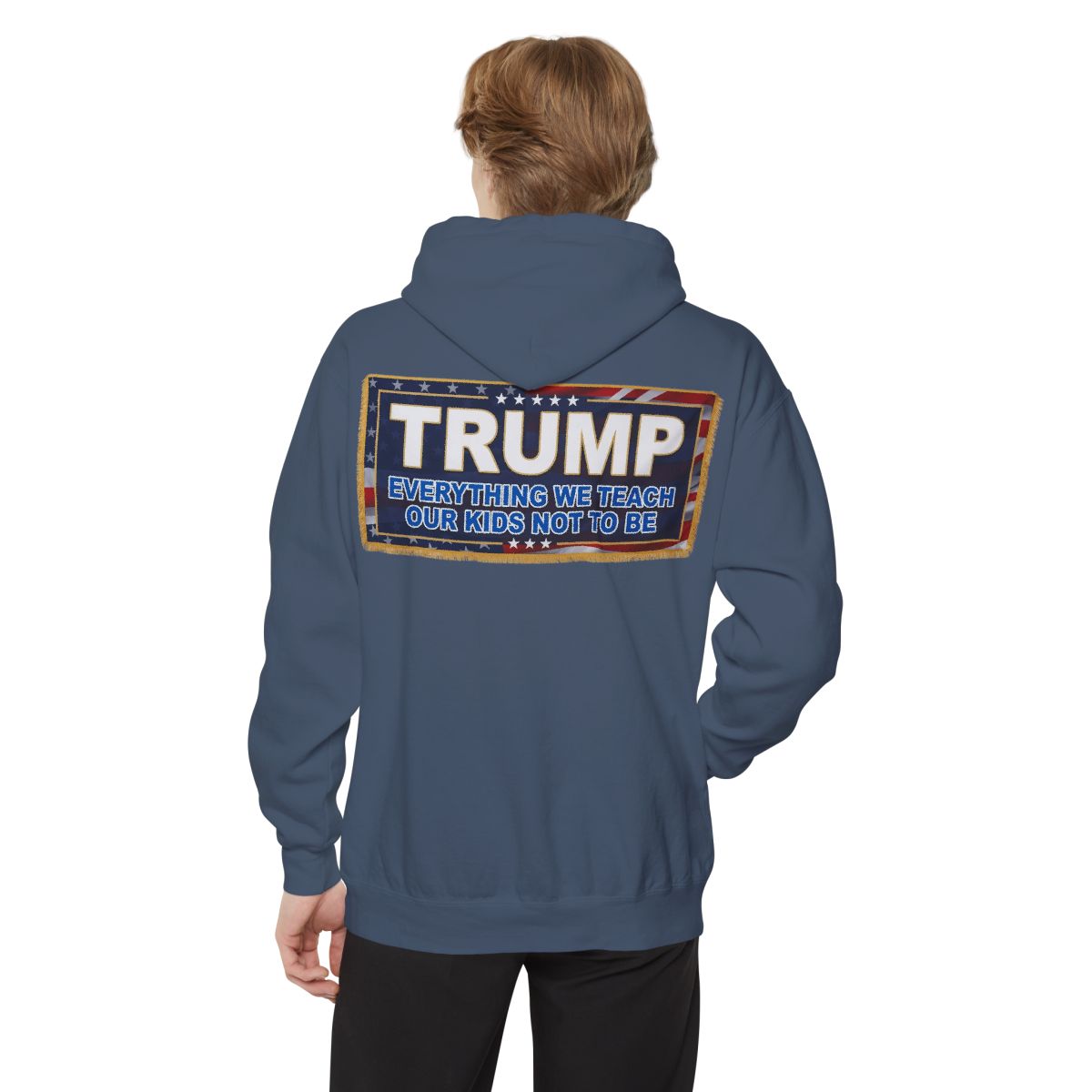 Color: Denim | Trump Teach Our Kids Garment-Dyed Hoodie