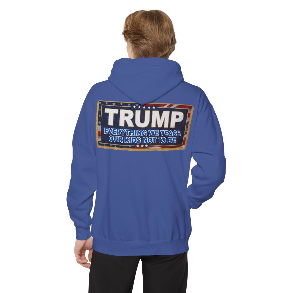 Color: Flo Blue | Trump Teach Our Kids Garment-Dyed Hoodie