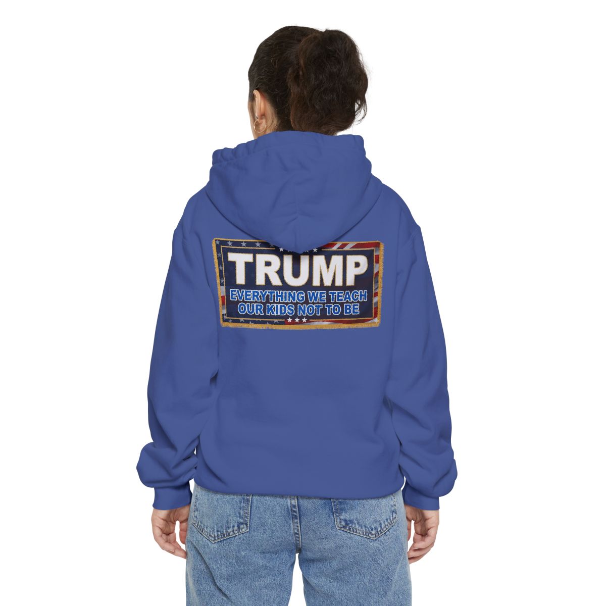 Color: Flo Blue | Trump Teach Our Kids Garment-Dyed Hoodie