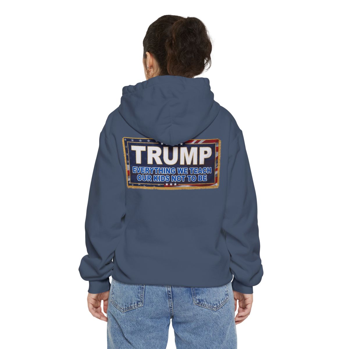 Color: Denim | Trump Teach Our Kids Garment-Dyed Hoodie