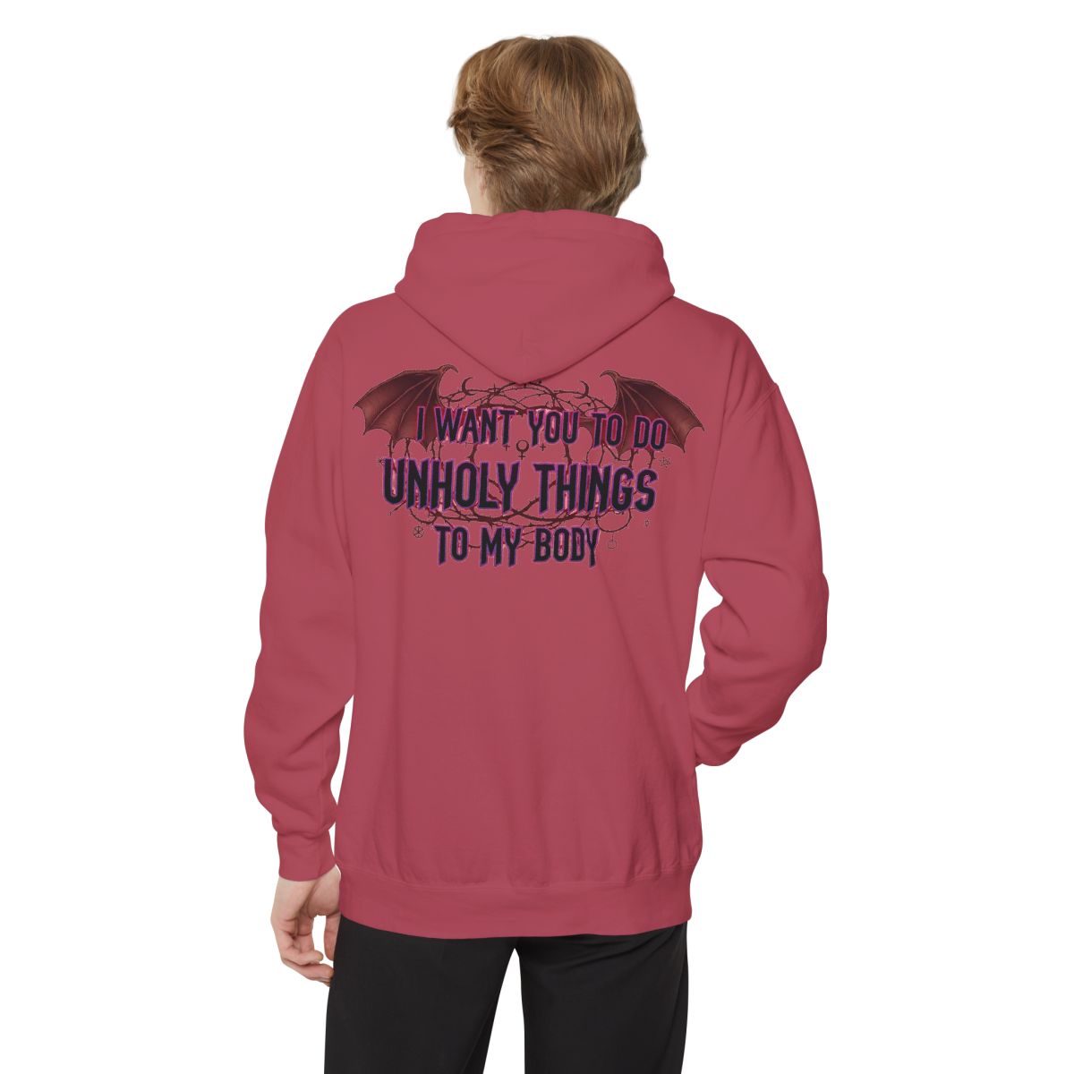 Color: Crimson | Unholy Things Garment-Dyed Hoodie