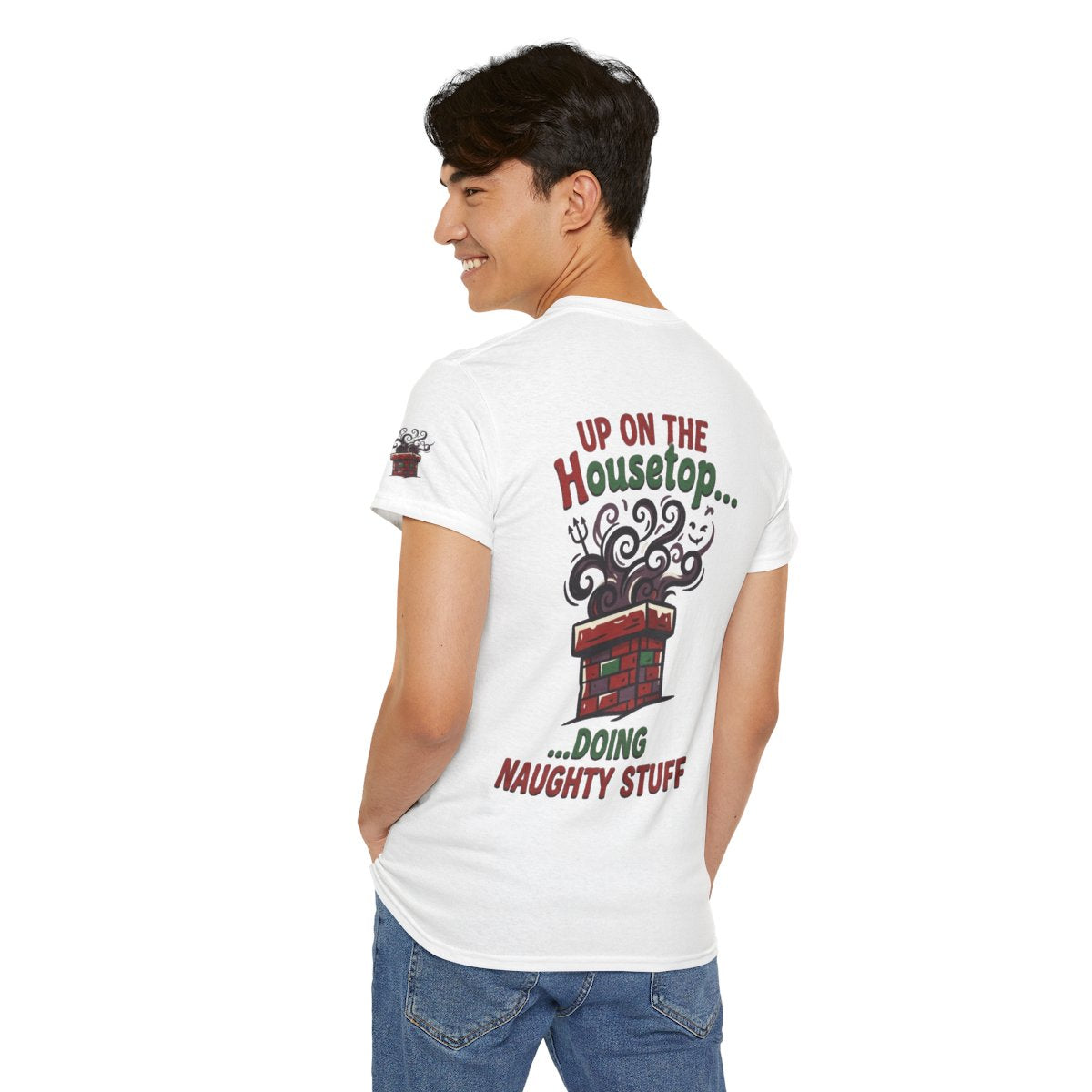 Color: White | Up On The Housetop Doing Naughty Stuff Premium Graphic Tee