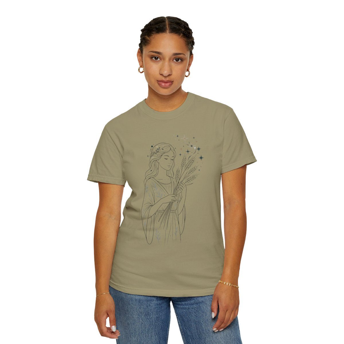 Color: Khaki | Virgo The Wheat Maiden Unisex Garment-Dyed Tee