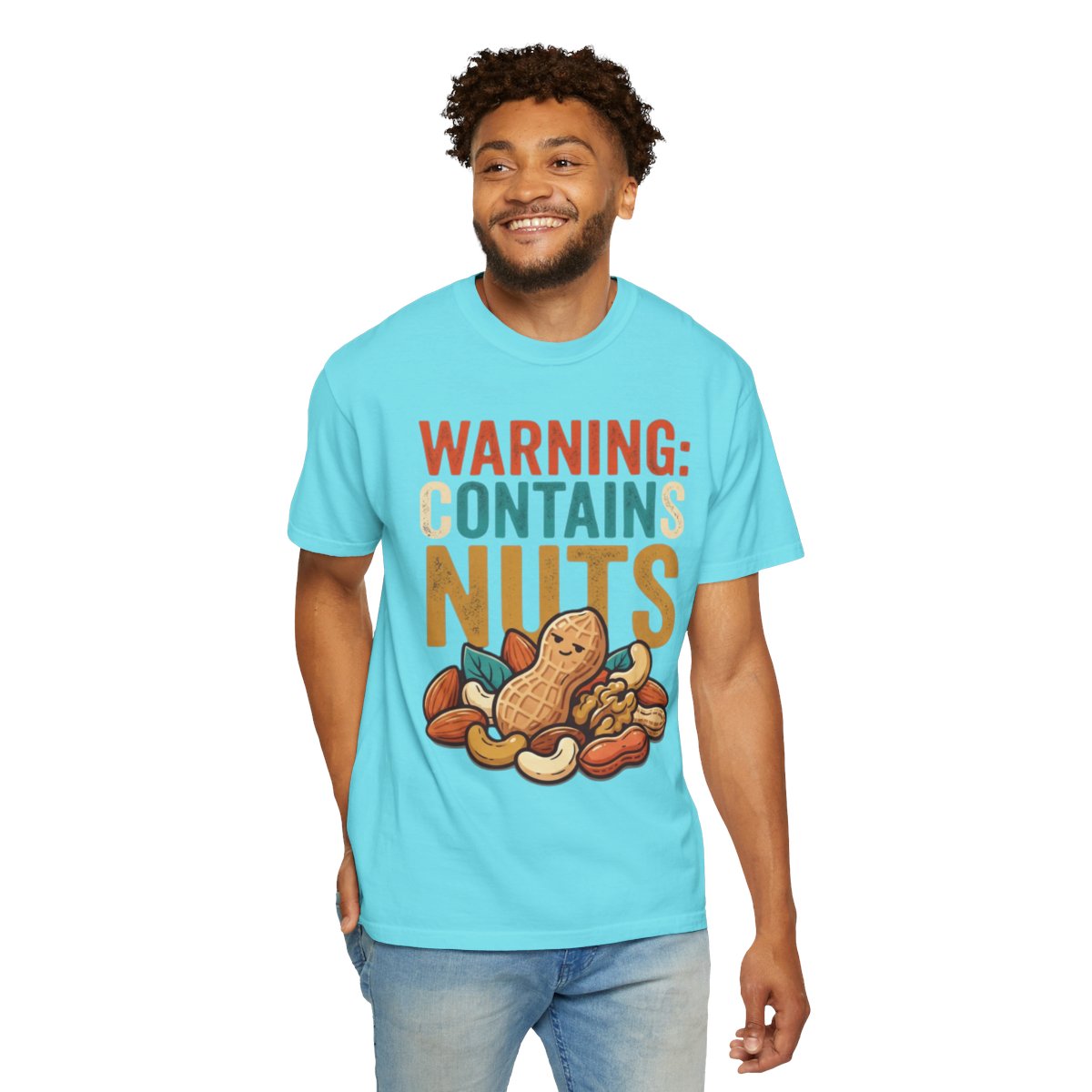 Color: Lagoon Blue | Warning Contains Nuts Unisex Garment-Dyed Tee