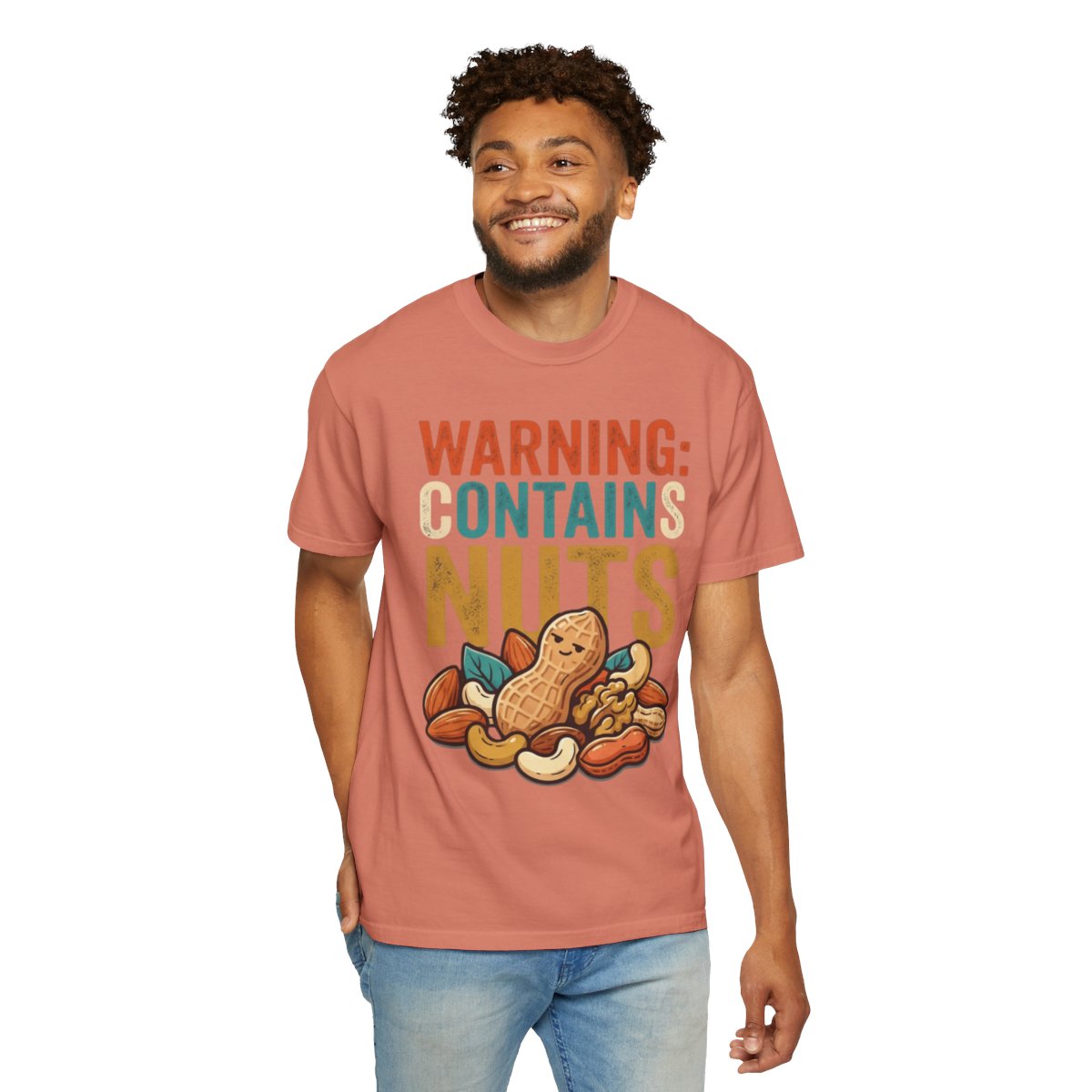 Color: Terracotta | Warning Contains Nuts Unisex Garment-Dyed Tee