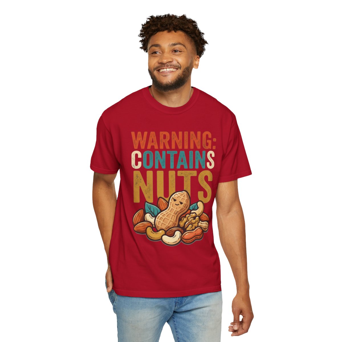 Color: Red | Warning Contains Nuts Unisex Garment-Dyed Tee