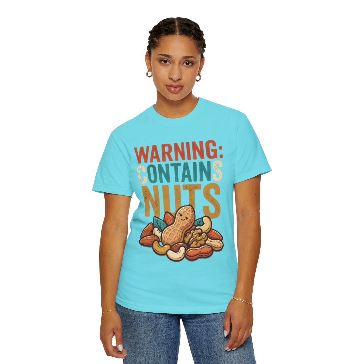 Color: Lagoon Blue | Warning Contains Nuts Unisex Garment-Dyed Tee