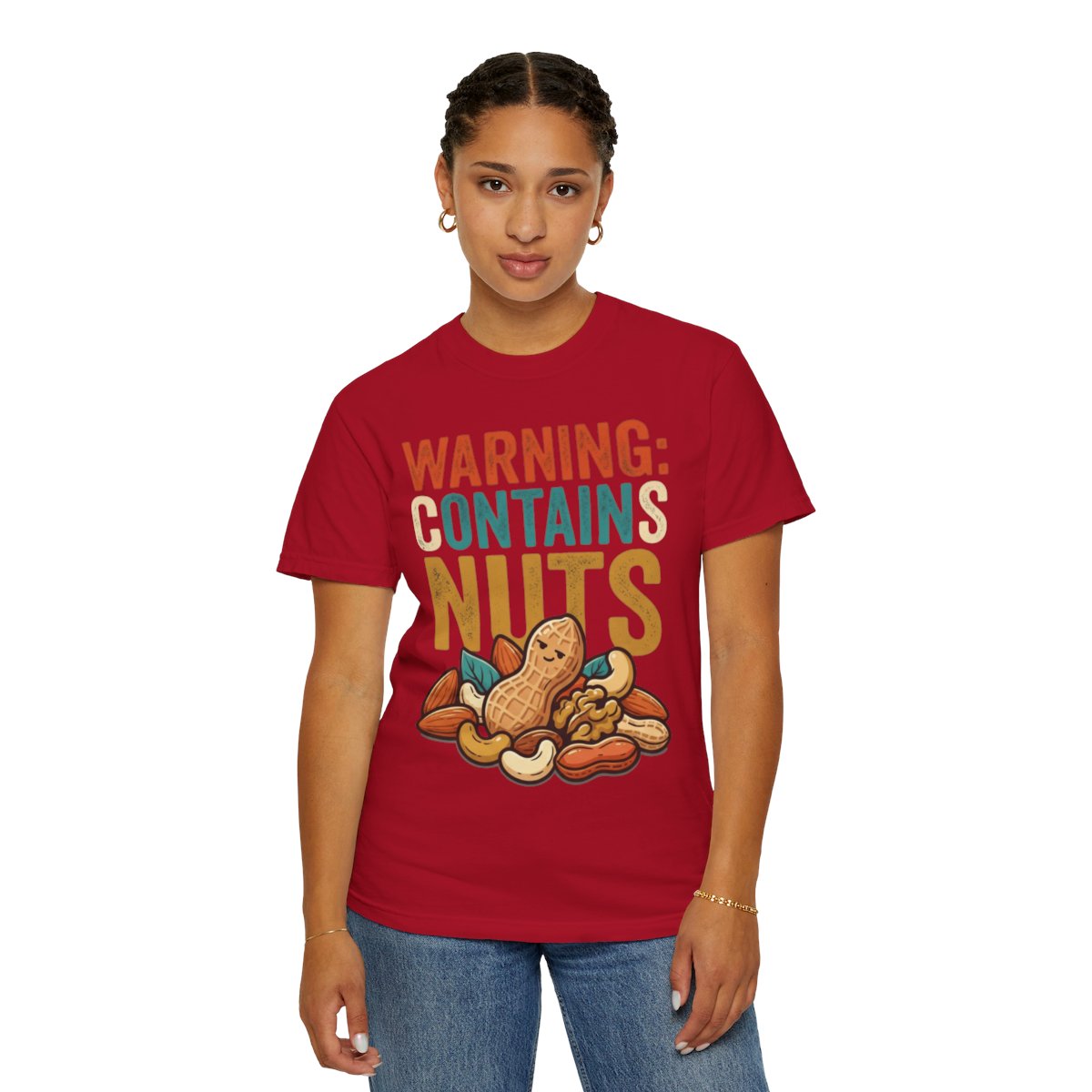 Color: Red | Warning Contains Nuts Unisex Garment-Dyed Tee